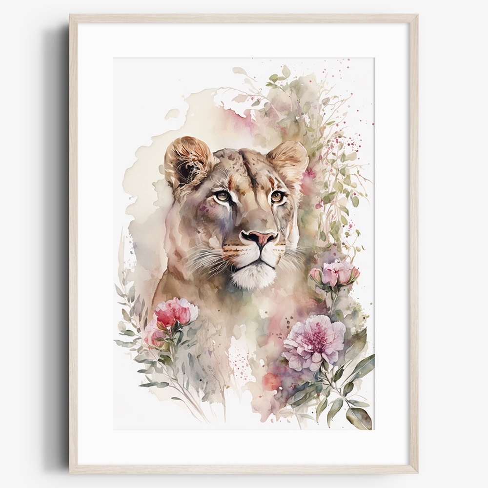 Cute Floral Lioness Watercolor Wall Art Illustration Print Poster Card Unframed